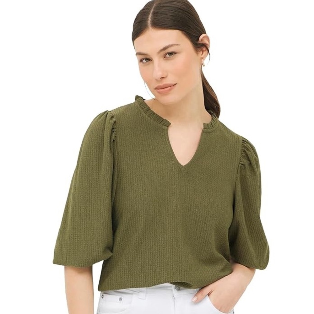 NWT Ellos Textured Knit Ruffle Notch Neck Top Sz 2XL 26/28 in Olive Green